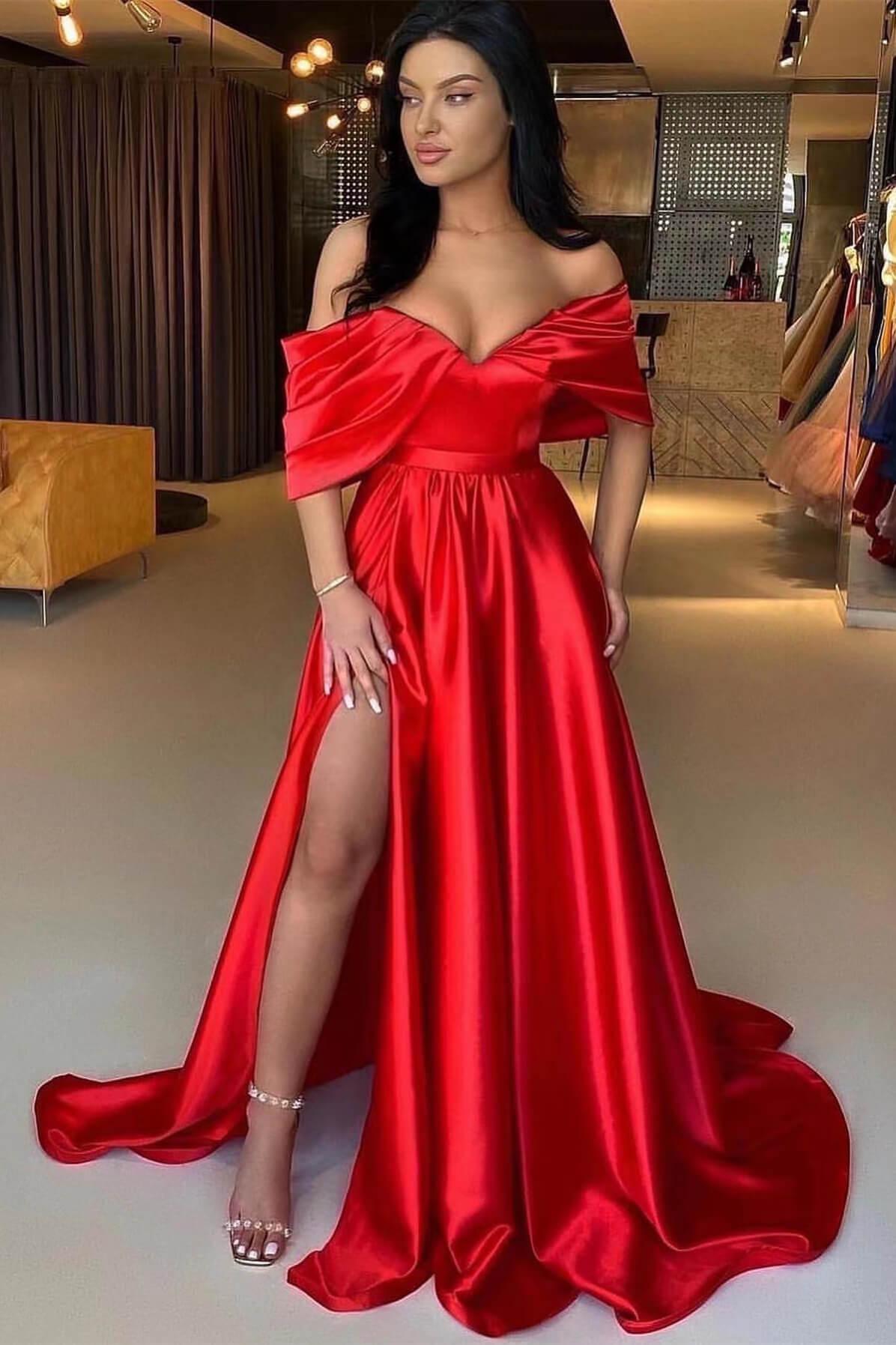 Red Prom Dress A Line Off the Shoulder Strapless Long Evening Formal Dress With Split