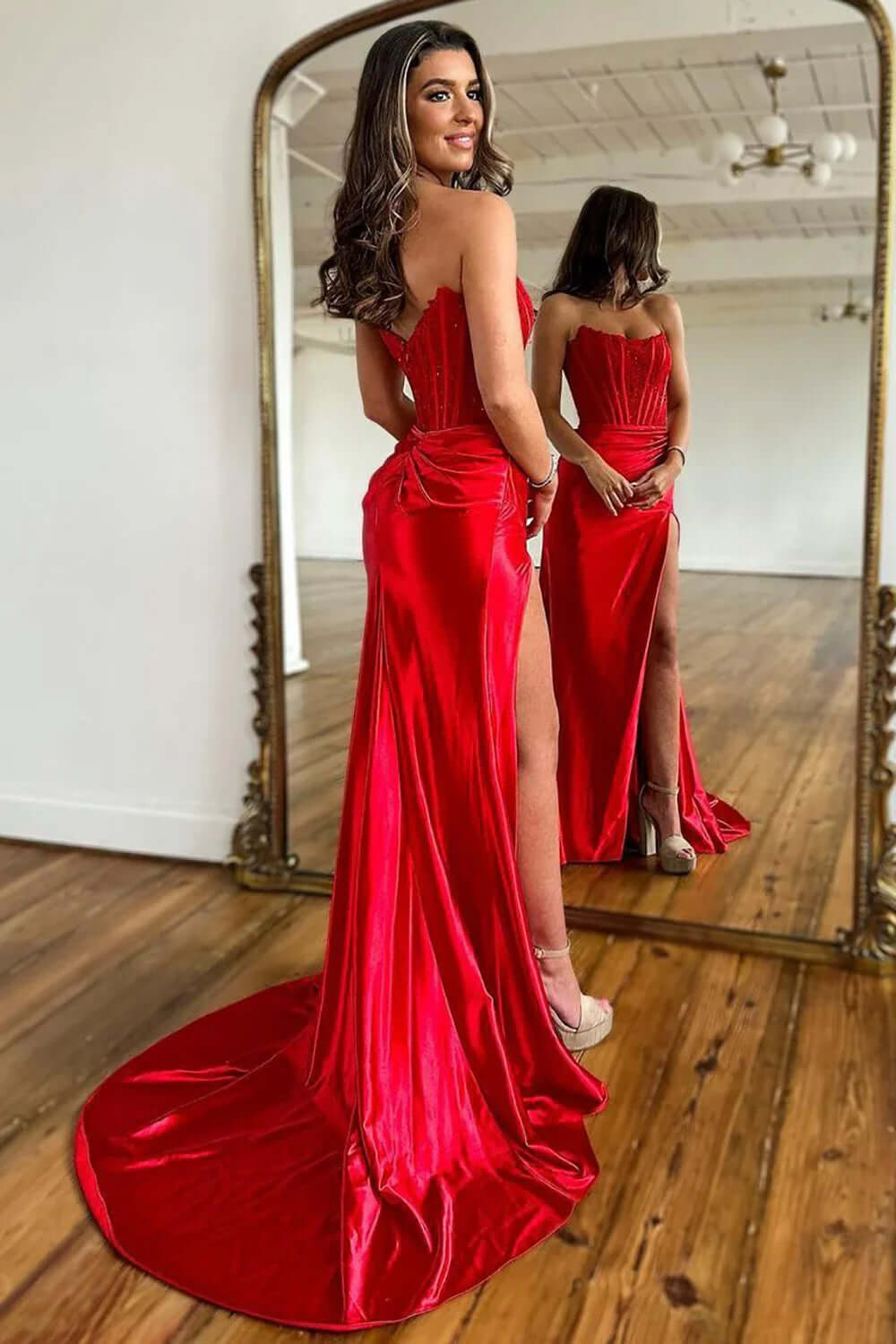 Red Prom Dress Beaded Corset Mermaid Long Formal Dress With Slit