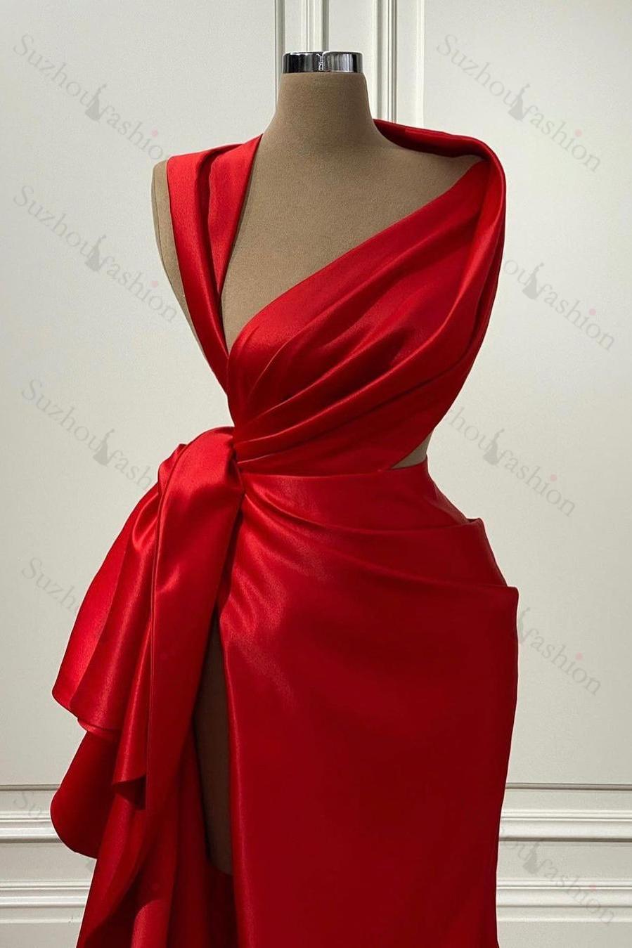 Red Prom Dress Charmeuse Sleeveless Long Evening Formal Dress With High Slit