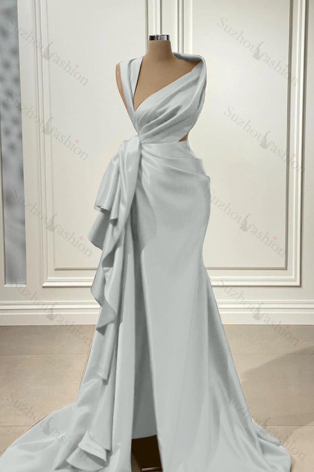 Red Prom Dress Charmeuse Sleeveless Long Evening Formal Dress With High Slit