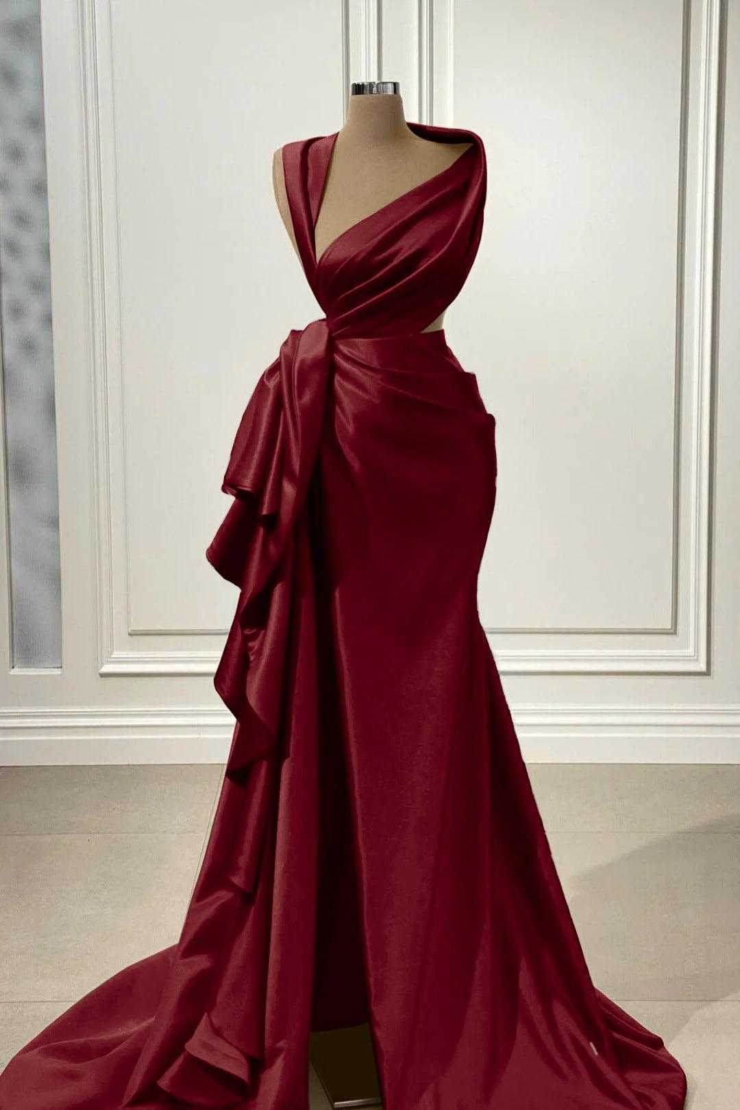 Red Prom Dress Charmeuse Sleeveless Long Evening Formal Dress With High Slit