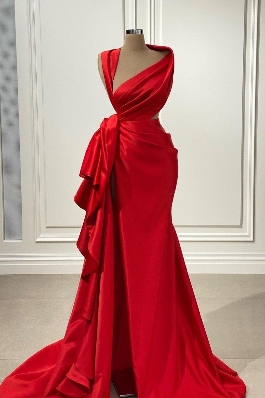 Red Prom Dress Charmeuse Sleeveless Long Evening Formal Dress With High Slit