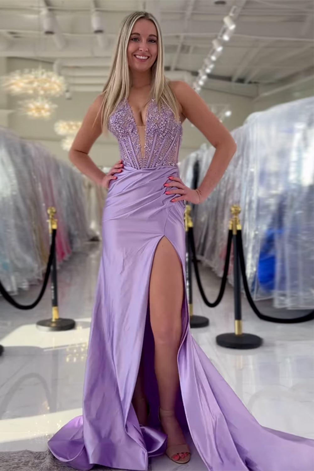 Red Prom Dress Halter Lace Corset Formal Dress With Slit