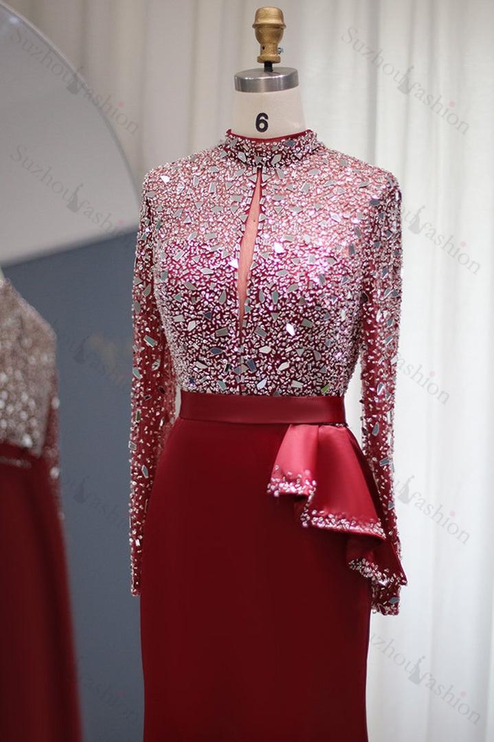 Red Prom Dress Jewel Neck Mermaid Evening Formal Dress Long Sleeves With Sequins