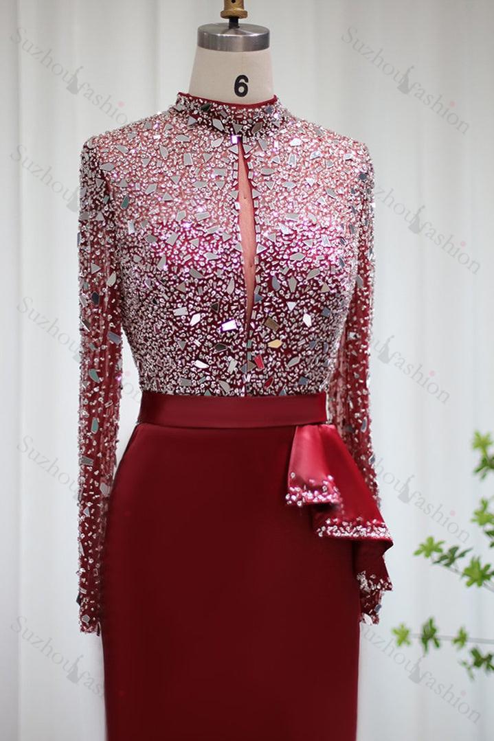 Red Prom Dress Jewel Neck Mermaid Evening Formal Dress Long Sleeves With Sequins