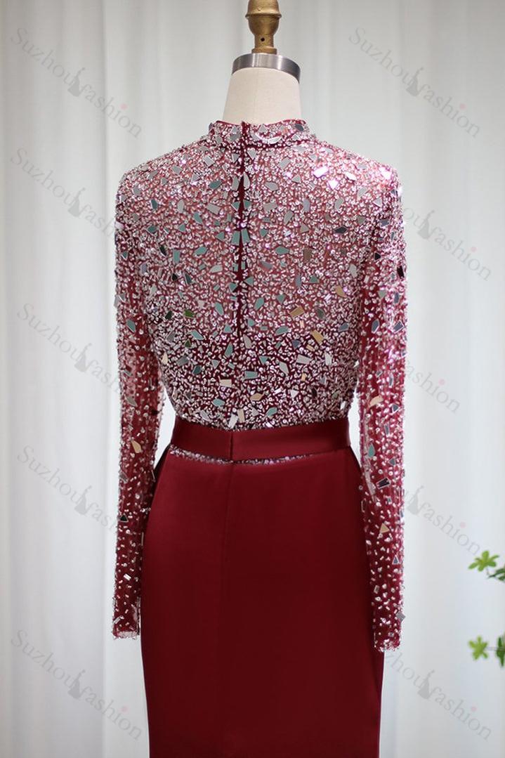 Red Prom Dress Jewel Neck Mermaid Evening Formal Dress Long Sleeves With Sequins