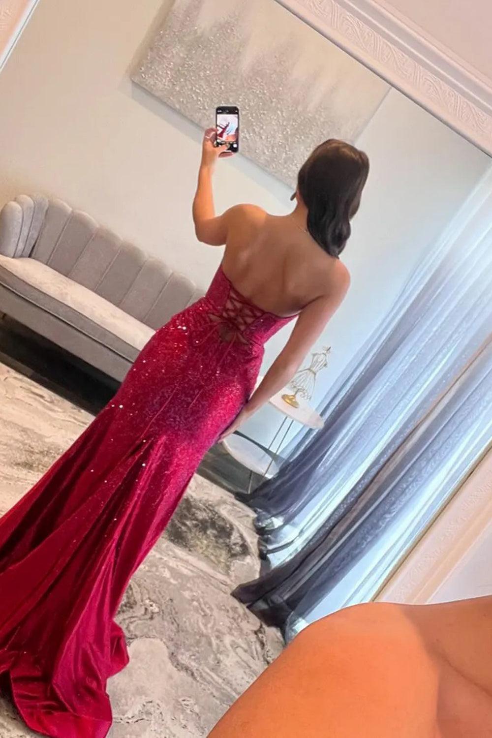 Red Prom Dress Mermaid Hollow Out Sweetheart Formal Dress With Slit