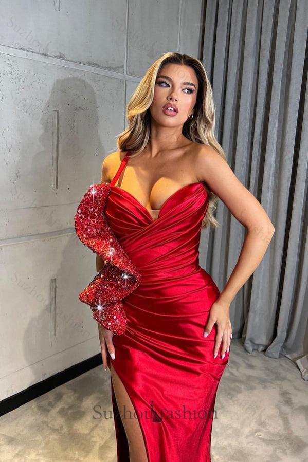 Red Prom Dress One Shoulder Sequined Mermaid Formal Dress With Slit