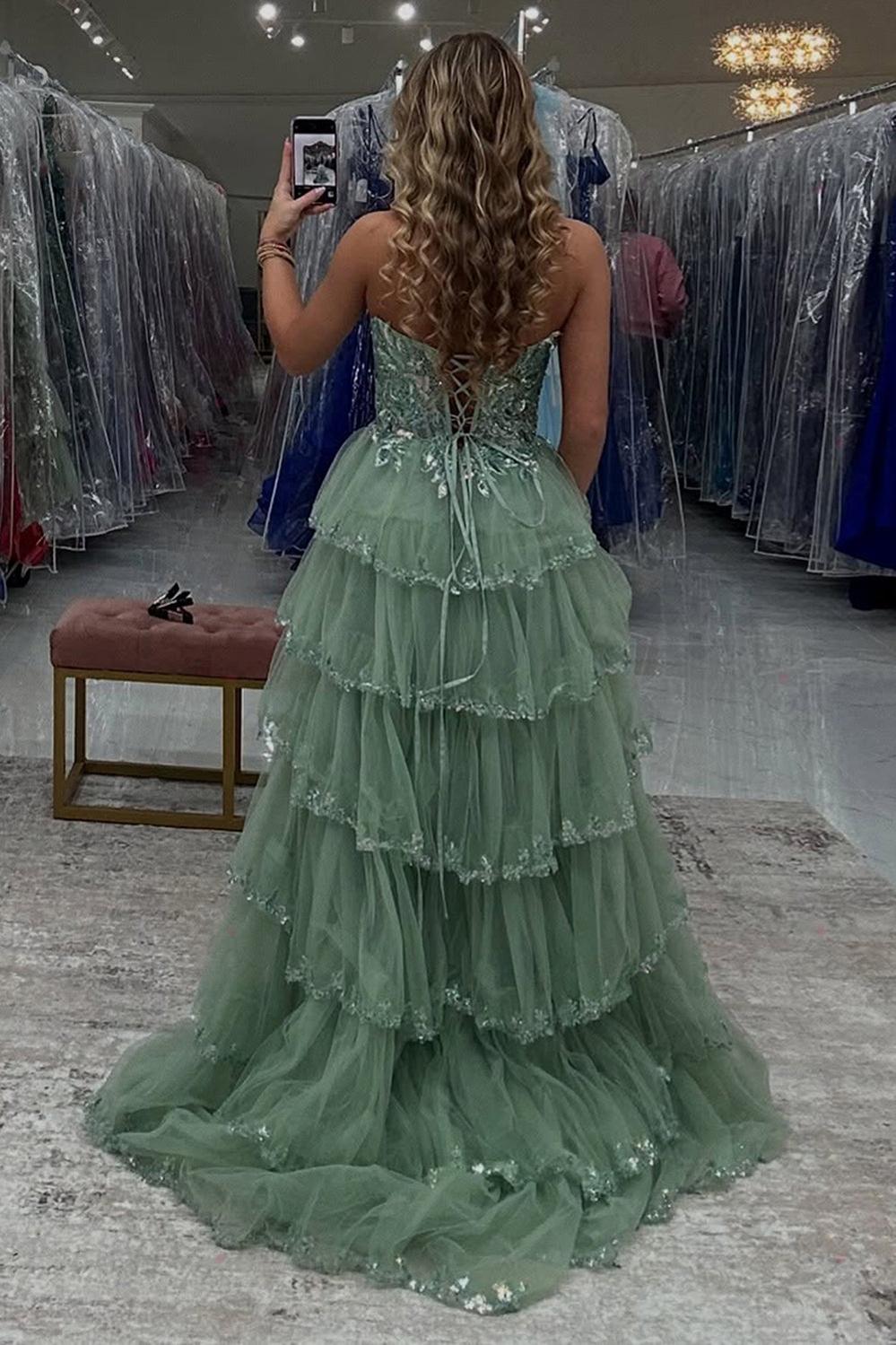 Red Prom Dress Ruffled Corset A Line Long Formal Dress With Lace