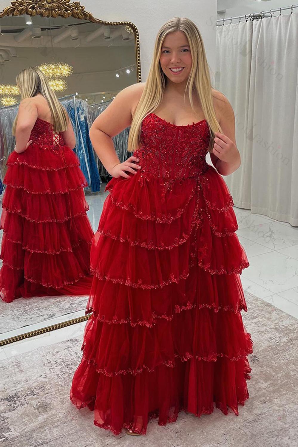 Red Prom Dress Ruffled Corset A Line Long Formal Dress With Lace
