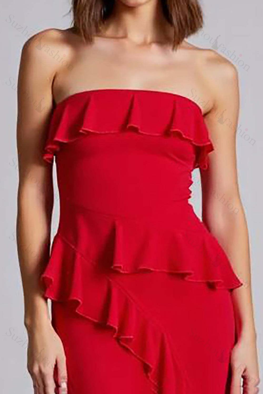 Red Prom Dress Ruffled Strapless A Line Chiffon Long Formal Dress