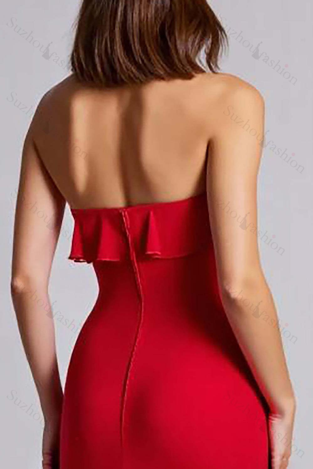 Red Prom Dress Ruffled Strapless A Line Chiffon Long Formal Dress