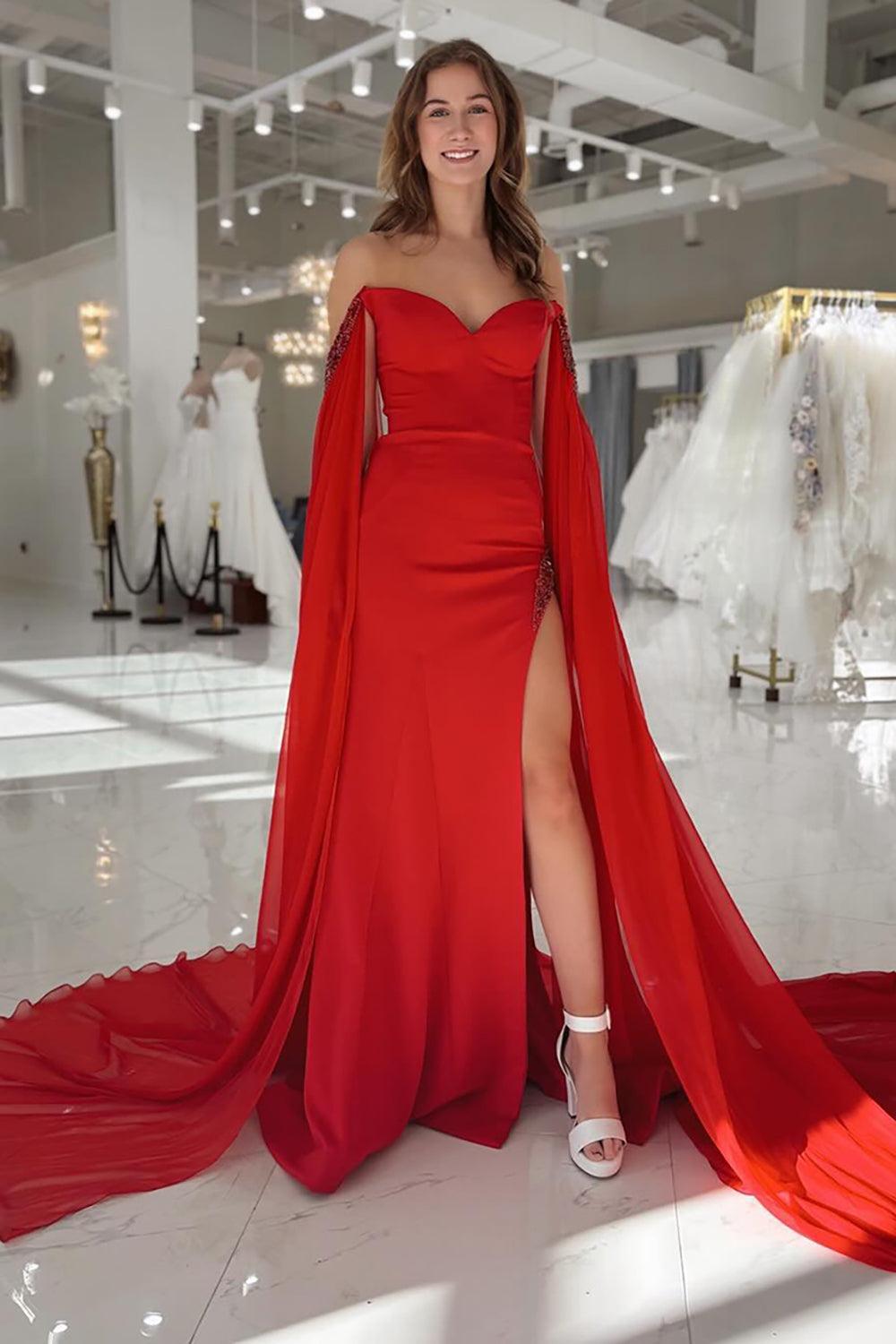 Red Prom Dress Sheath Long Off The Shoulder Formal Dress With Cape Sleeves