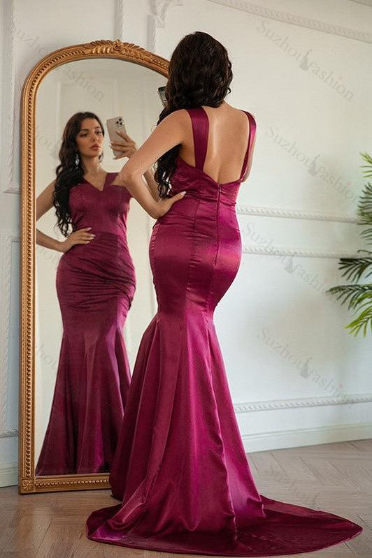 Red Prom Dress Sleeveless V Neck Mermaid Pleated Long Evening Formal Dress