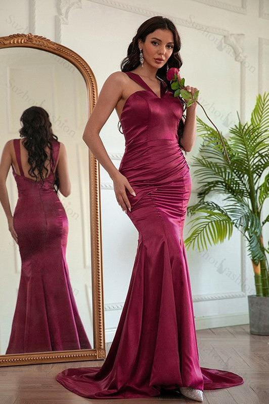 Red Prom Dress Sleeveless V Neck Mermaid Pleated Long Evening Formal Dress