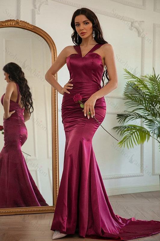 Red Prom Dress Sleeveless V Neck Mermaid Pleated Long Evening Formal Dress