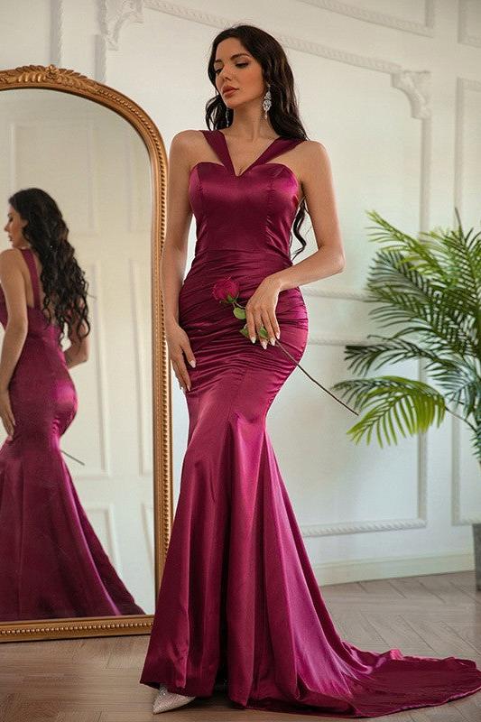 Red Prom Dress Sleeveless V Neck Mermaid Pleated Long Evening Formal Dress