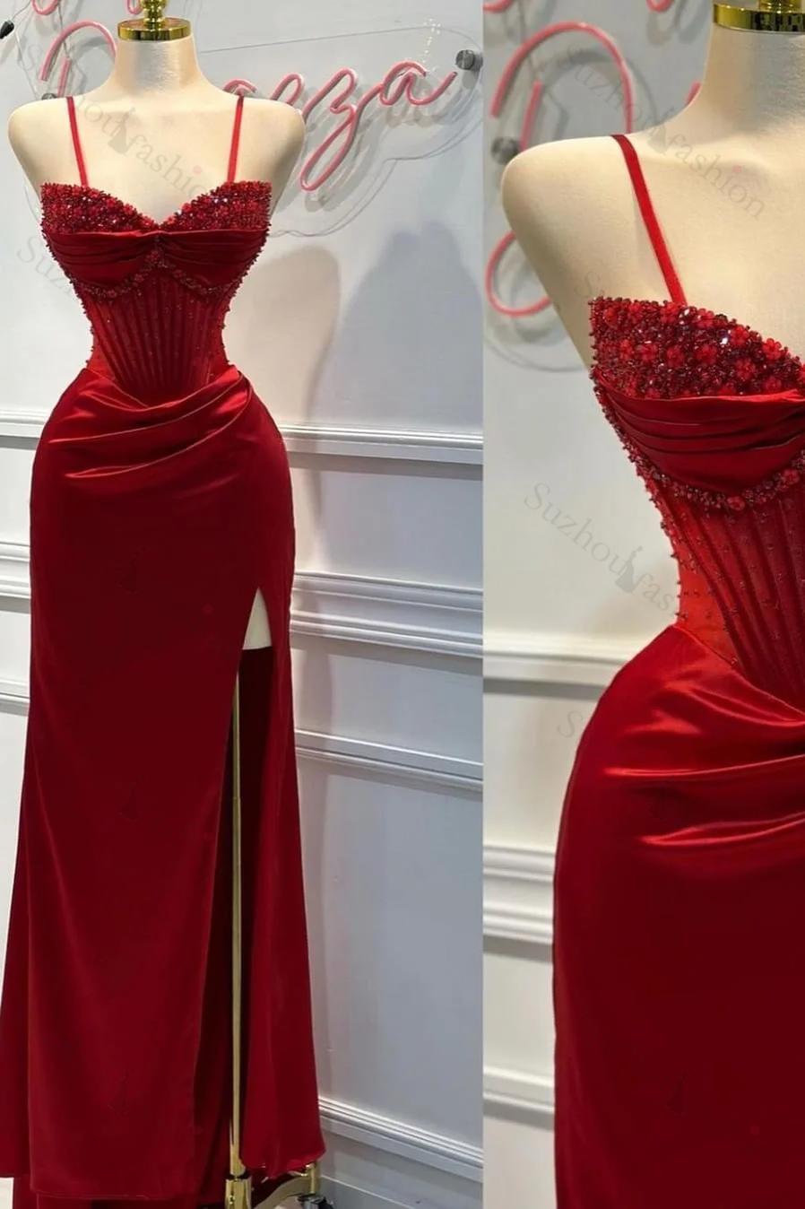 Red Prom Dress Spaghetti Strap Sleeveless Beading Long Evening Formal Dress With Split