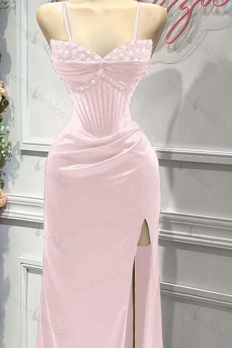 Red Prom Dress Spaghetti Strap Sleeveless Beading Long Evening Formal Dress With Split
