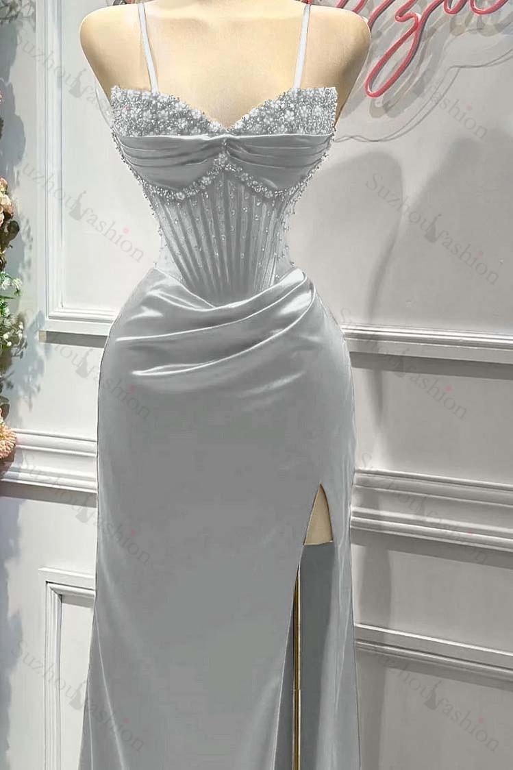 Red Prom Dress Spaghetti Strap Sleeveless Beading Long Evening Formal Dress With Split