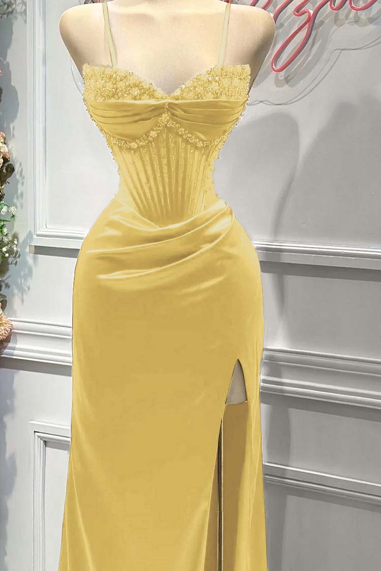 Red Prom Dress Spaghetti Strap Sleeveless Beading Long Evening Formal Dress With Split