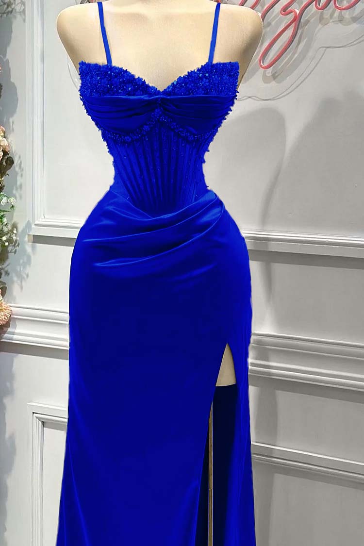 Red Prom Dress Spaghetti Strap Sleeveless Beading Long Evening Formal Dress With Split