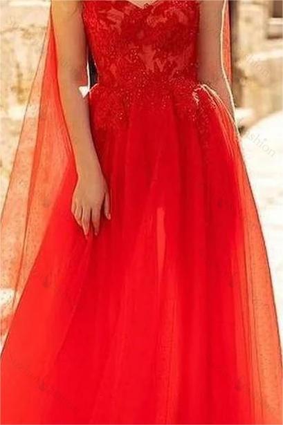 Red Prom Dress Spaghetti Strap Sweetheart Sleeveless Evening Formal Dress With Appliques