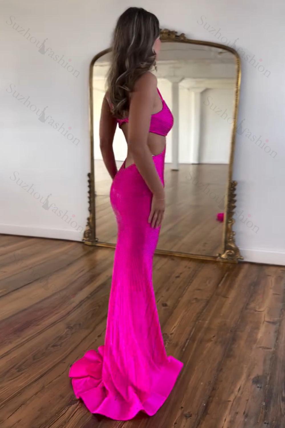 Red Prom Dress Spaghetti Straps Mermaid Satin Formal Dress With Hollow Out