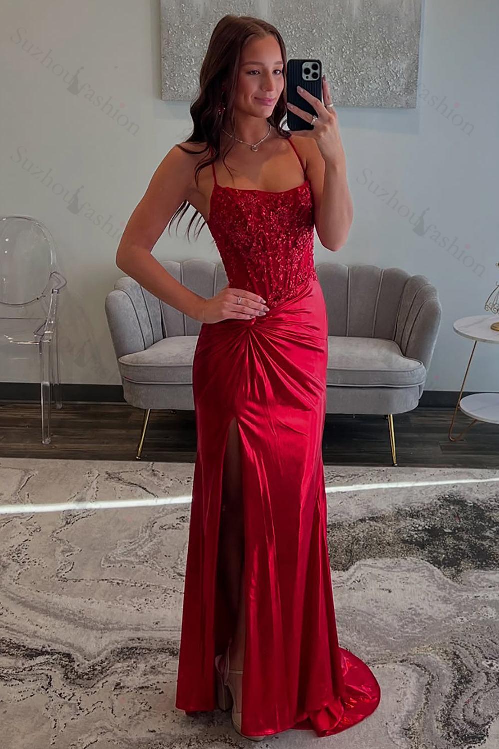 Red Prom Dress Spaghetti Straps Ruhed Long Lace Formal Dress With Appliques