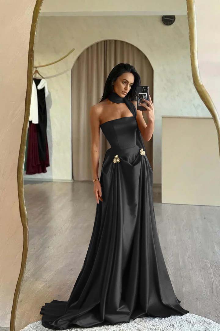 Red Prom Dress Strapless A Line Sleeveless Floor Length Satin Simple Formal Dress With Sash