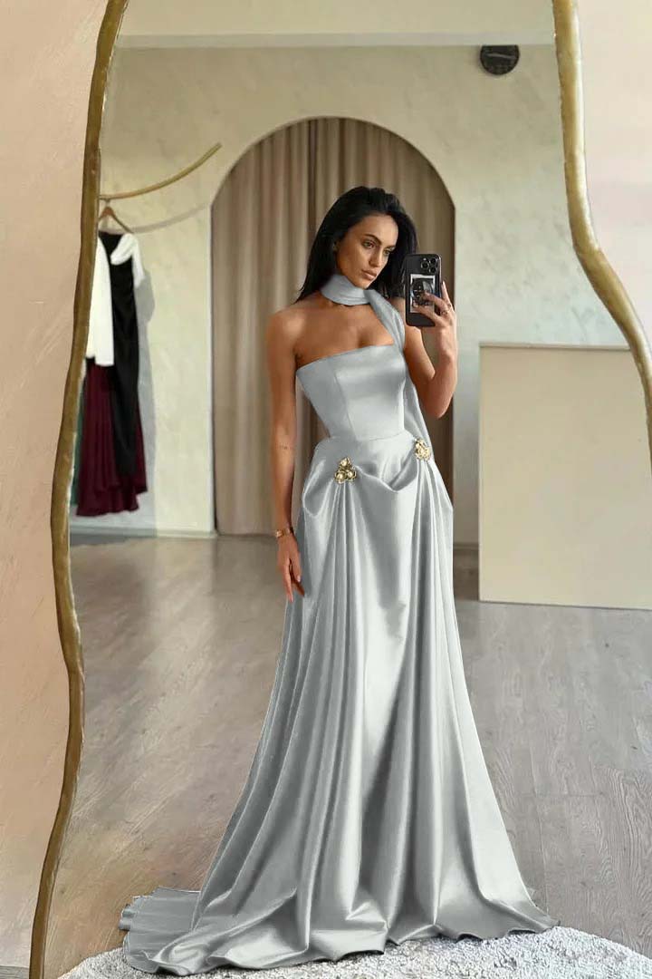 Red Prom Dress Strapless A Line Sleeveless Floor Length Satin Simple Formal Dress With Sash