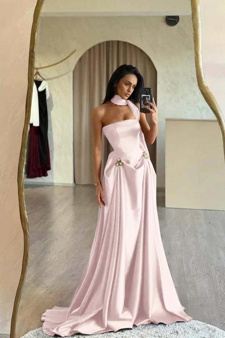 Red Prom Dress Strapless A Line Sleeveless Floor Length Satin Simple Formal Dress With Sash