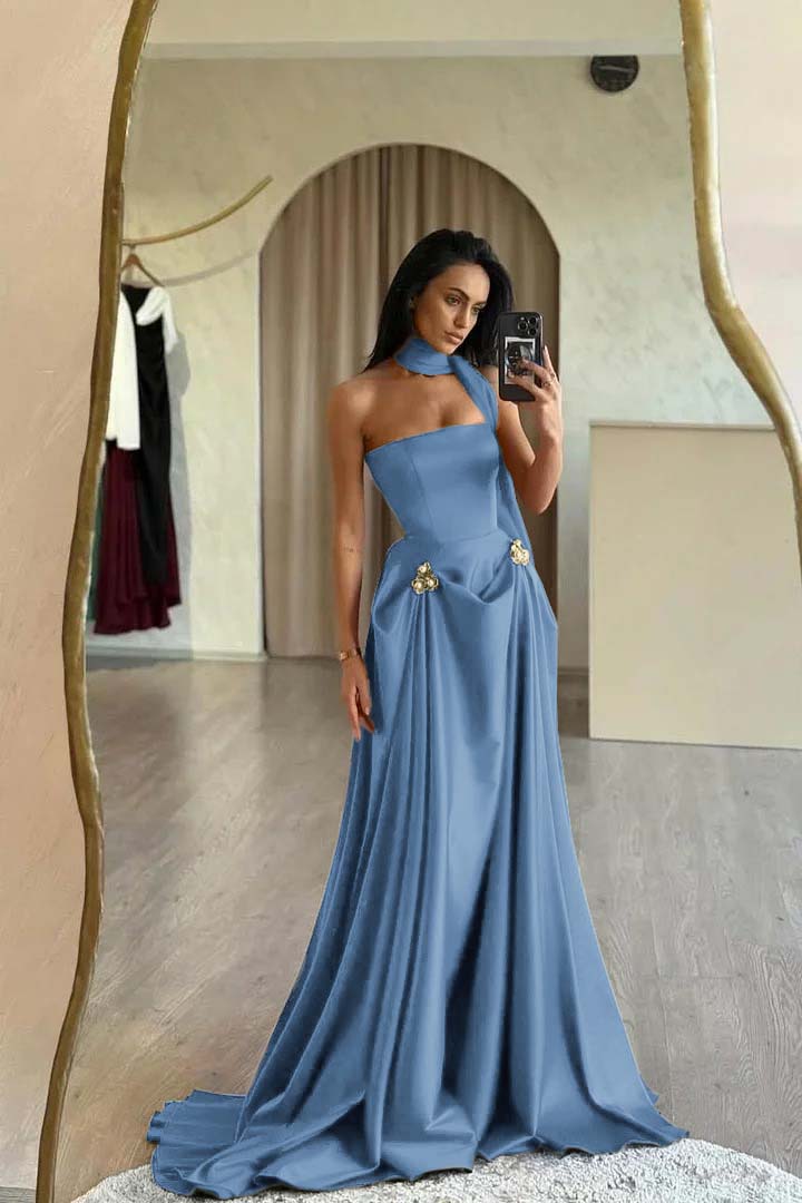 Red Prom Dress Strapless A Line Sleeveless Floor Length Satin Simple Formal Dress With Sash
