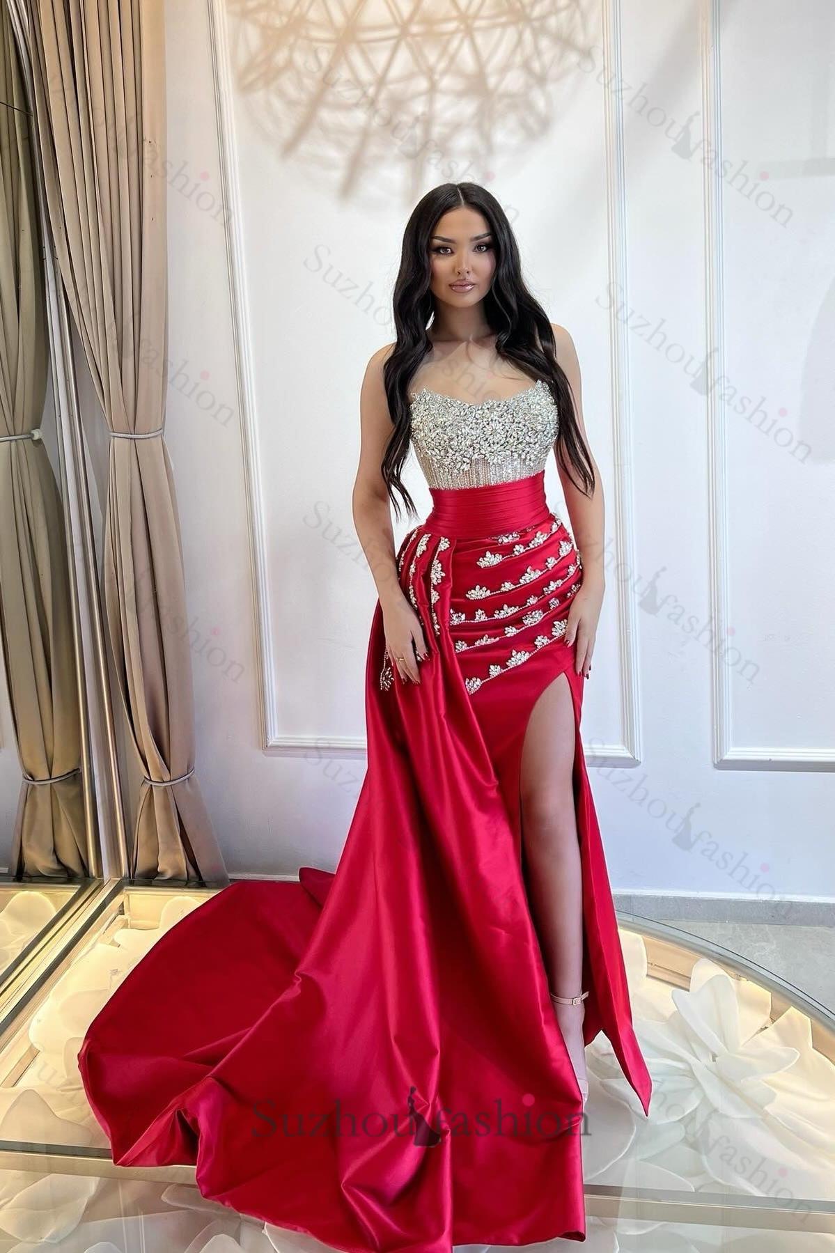 Red Prom Dress Strapless Mermaid Beaded Sleeveless Slit Panel Train Satin Formal Dress With Rhinestone
