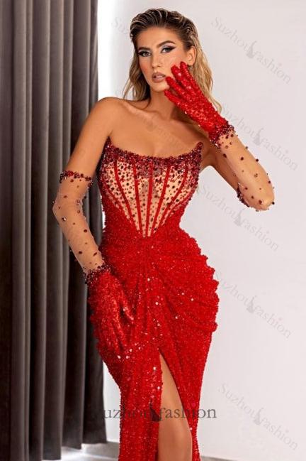 Red Prom Dress Strapless Sequins Beading Split Sweep Train Front Formal Dress