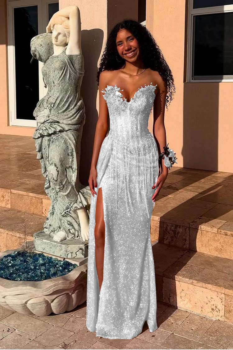 Red Prom Dress Strapless Sleeveless Long Mermaid Evening Formal Dress With Sequined Split