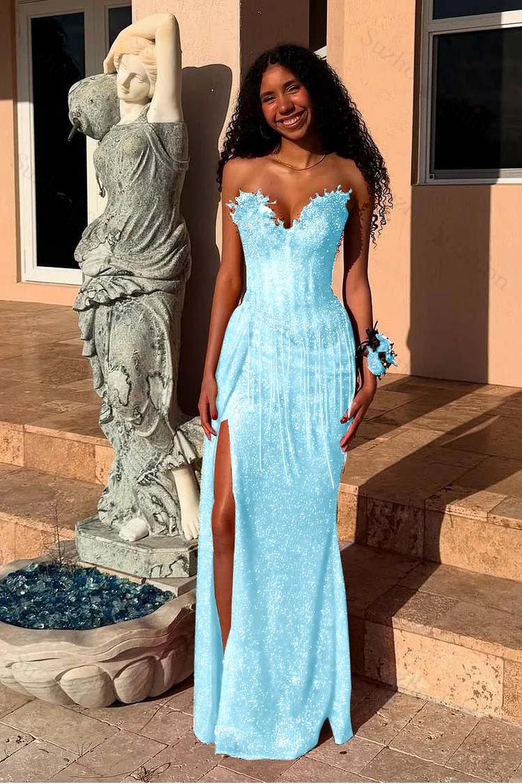 Red Prom Dress Strapless Sleeveless Long Mermaid Evening Formal Dress With Sequined Split