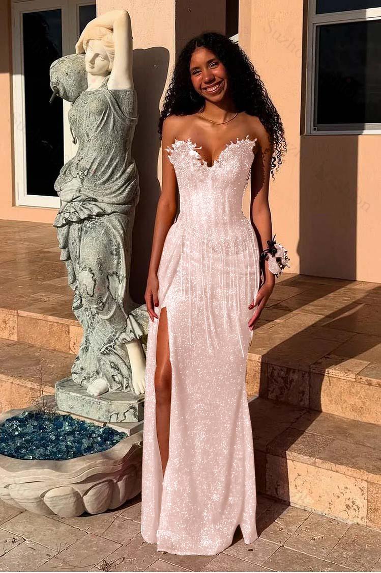 Red Prom Dress Strapless Sleeveless Long Mermaid Evening Formal Dress With Sequined Split