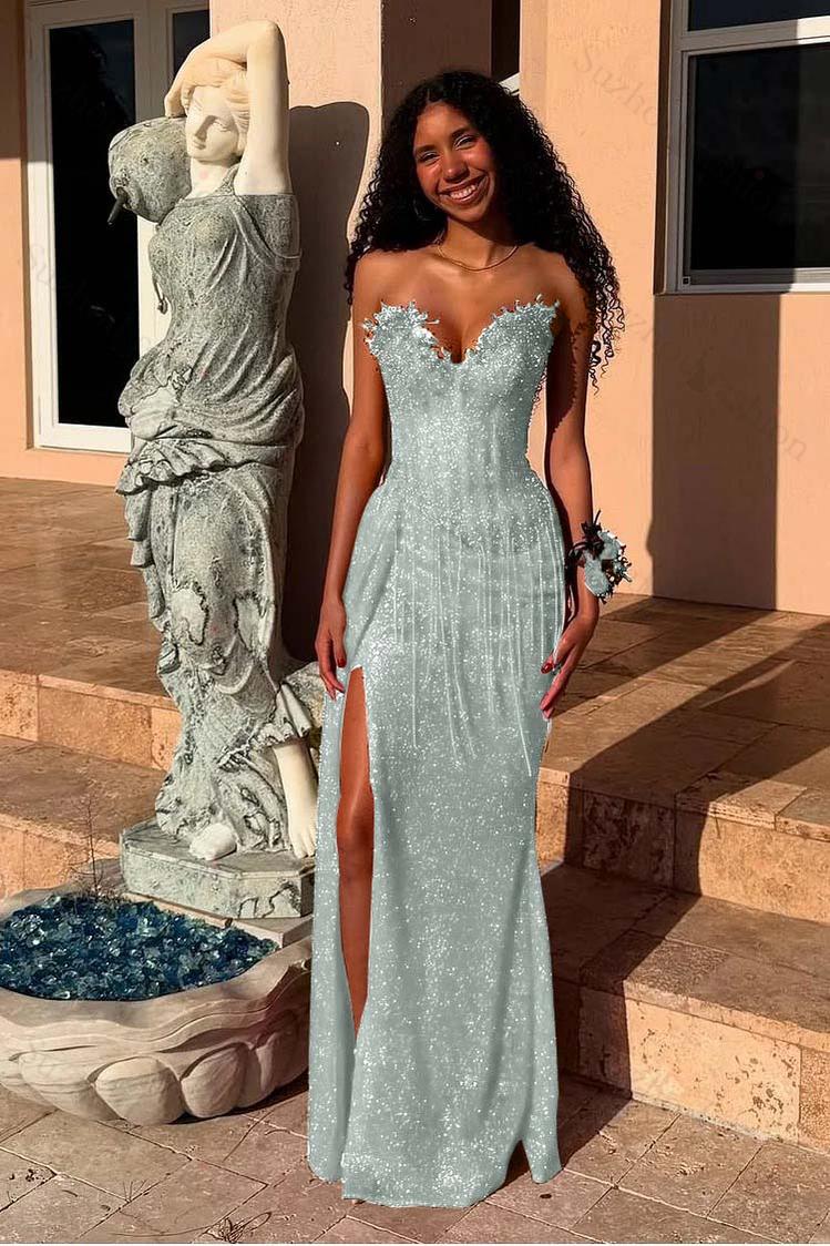 Red Prom Dress Strapless Sleeveless Long Mermaid Evening Formal Dress With Sequined Split