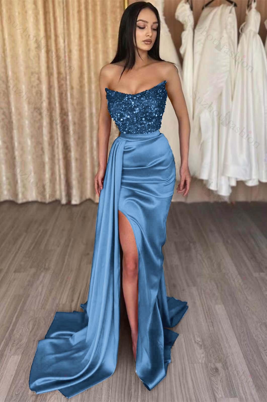 Red Prom Dress Strapless Sleeveless Long Sequined Evening Formal Dress Mermaid Side Split