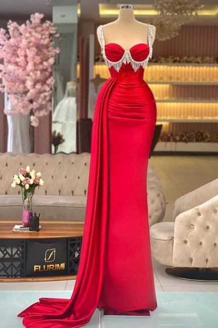 Red Prom Dress Sweetheart Spaghetti Strap Sleeveless Panel Train Satin Formal Dress