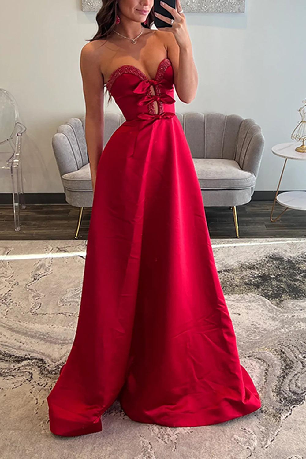 Suzhoufashion Red Satin Prom Dress Sweetheart A Line Long Formal Dress With Bows