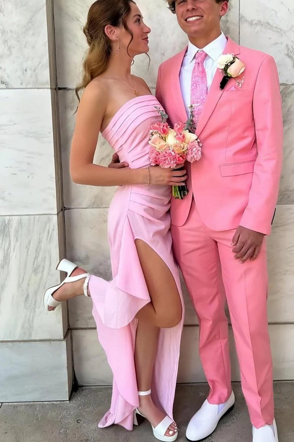 Suzhoufashion Red Strapless Ruched Strapless Long Mermaid Prom Dress With High Slit Formal Evening Gown
