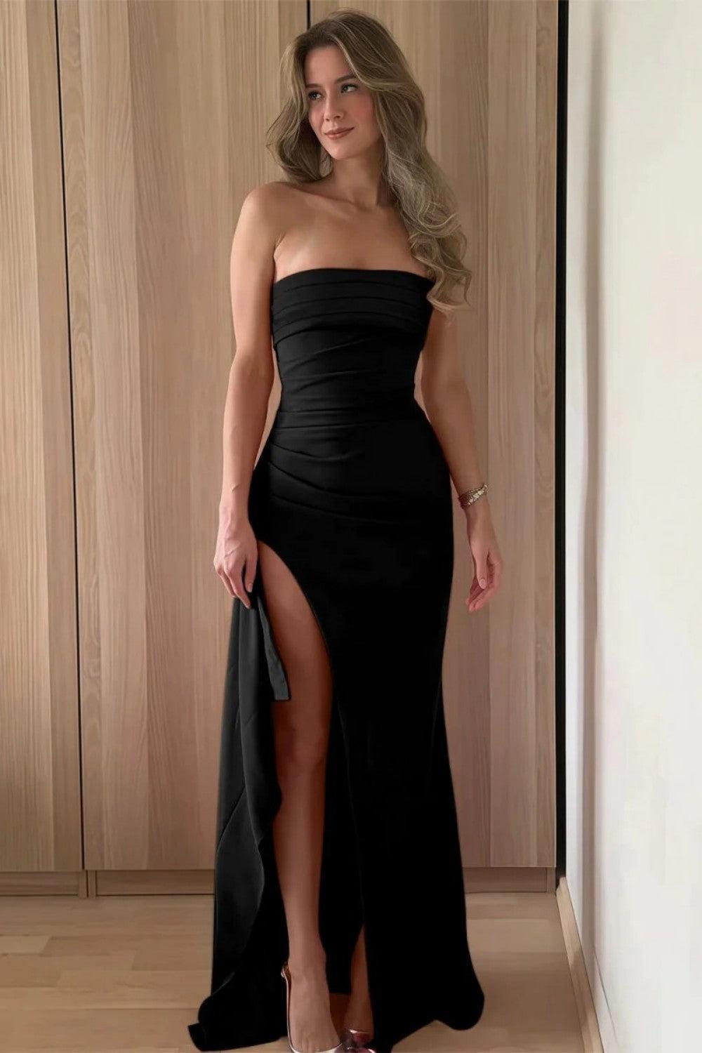 Suzhoufashion Red Strapless Ruched Strapless Long Mermaid Prom Dress With High Slit Formal Evening Gown