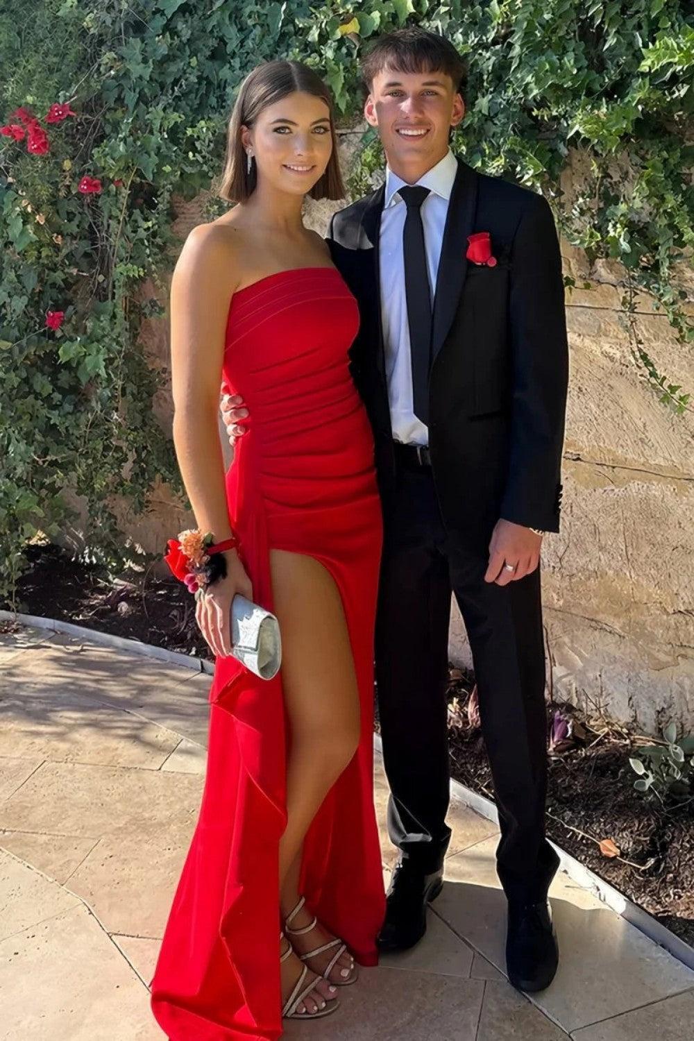 Suzhoufashion Red Strapless Ruched Strapless Long Mermaid Prom Dress With High Slit Formal Evening Gown