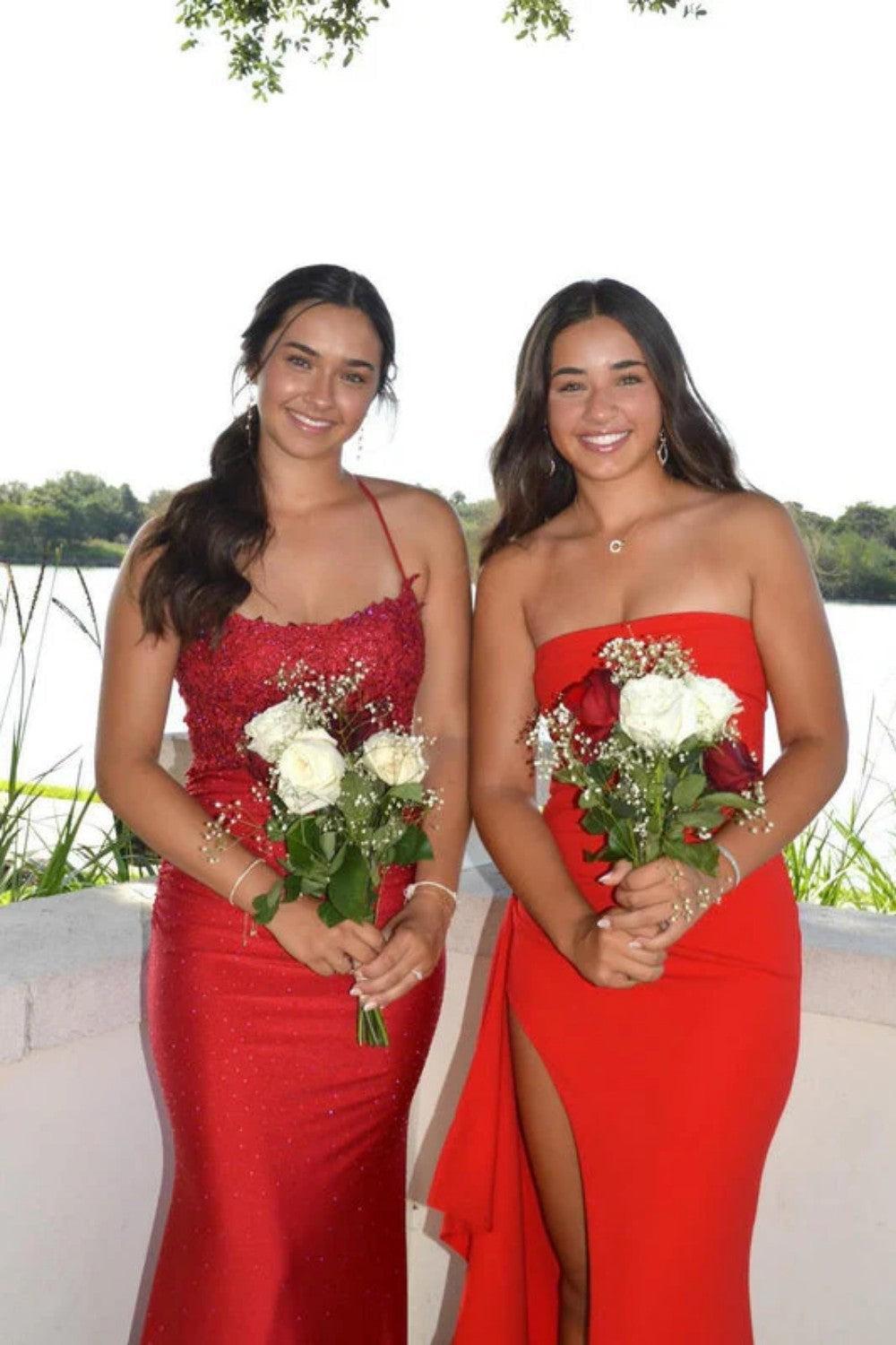 Suzhoufashion Red Strapless Ruched Strapless Long Mermaid Prom Dress With High Slit Formal Evening Gown