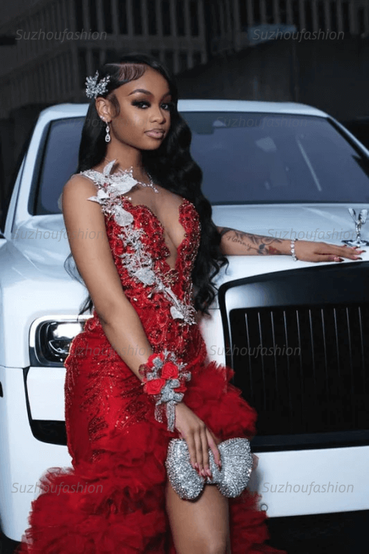 Red Tulle Ruffled Prom Dress Sequined V Neck Formal Evening Gown with 3D Flowers
