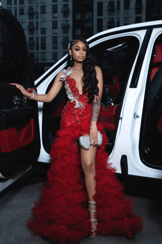 Red Tulle Ruffled Prom Dress Sequined V Neck Formal Evening Gown with 3D Flowers