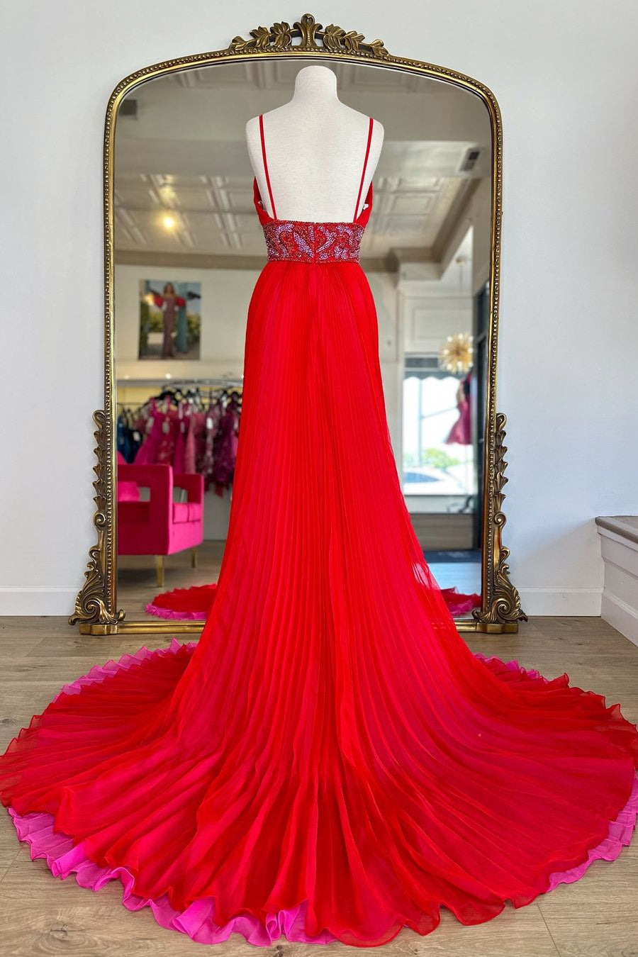 Red A-Line V-Neck Court Train Prom Dress with Beaded Belt and Slit - View 2 | VelvetHem