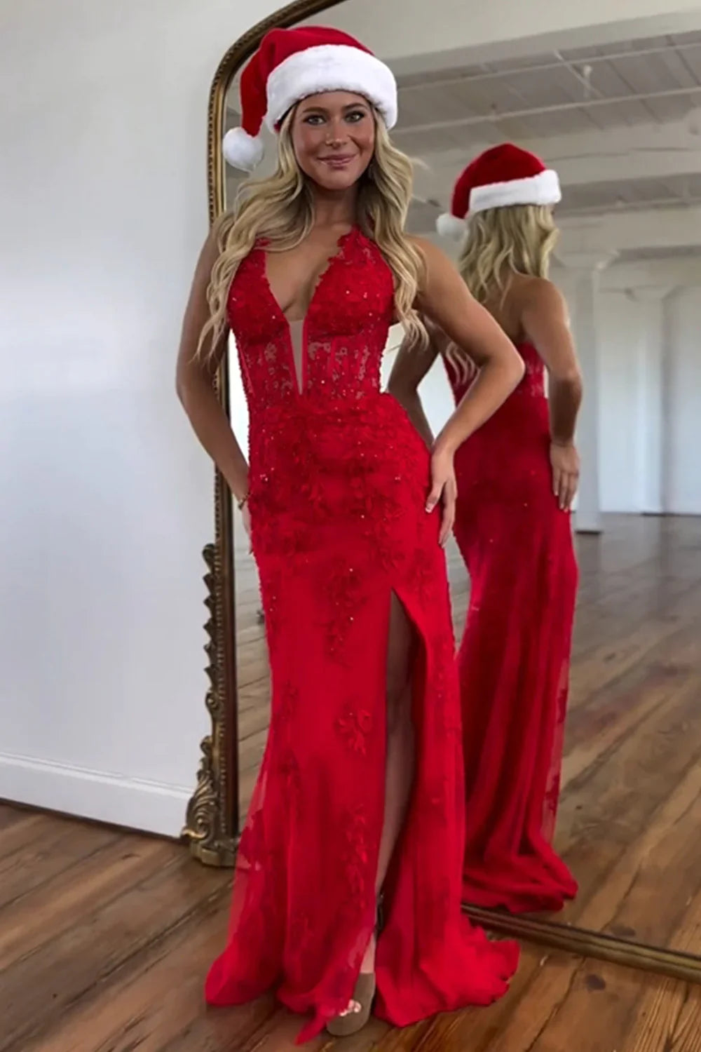 Stunning Mermaid Deep V-Neck Long Lace Prom Dress With Split - View 3 | VelvetHem